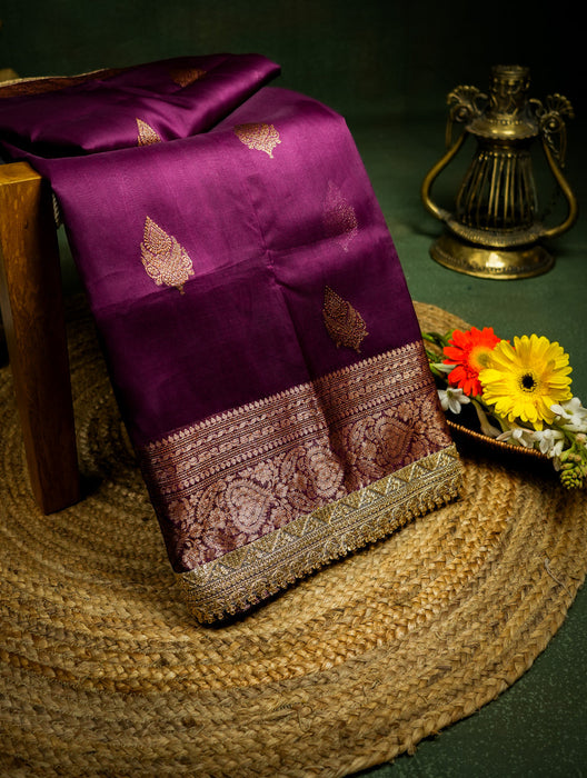 Wine Pure Kora Banarasi Handloom Saree - Antique Zari and Designer Border