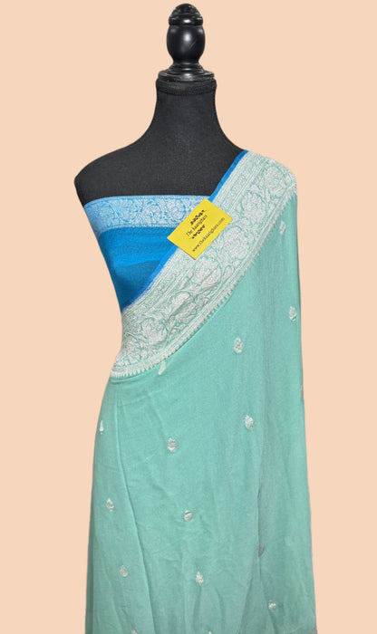 Glacier Blue Pure Kadhwa Chiffon Georgette Banarasi Saree - Silver Zari