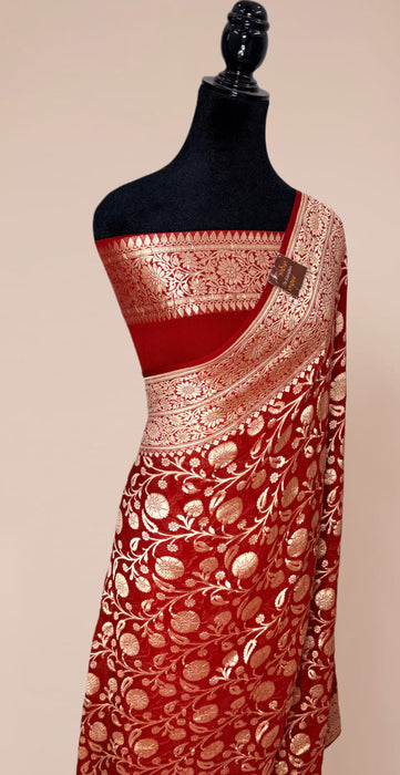 Maroon Khaddi Georgette Banarasi Handloom Saree - Water Zari Jaal