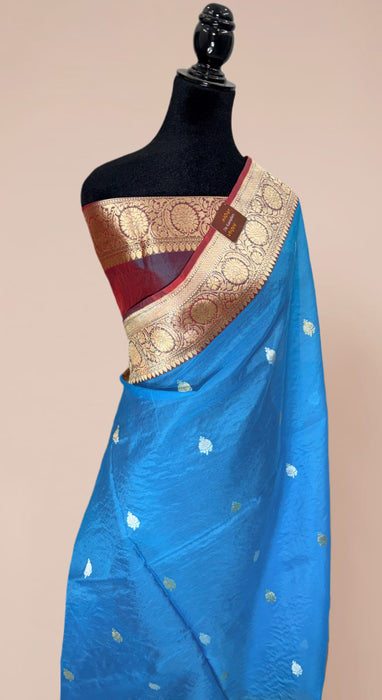Blue Pure Kora Banarasi Handloom Saree - Sona Roopa Motifs