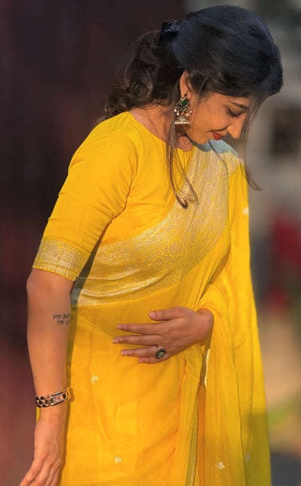 Yellow Pure Kadhwa Chiffon Banarasi Saree