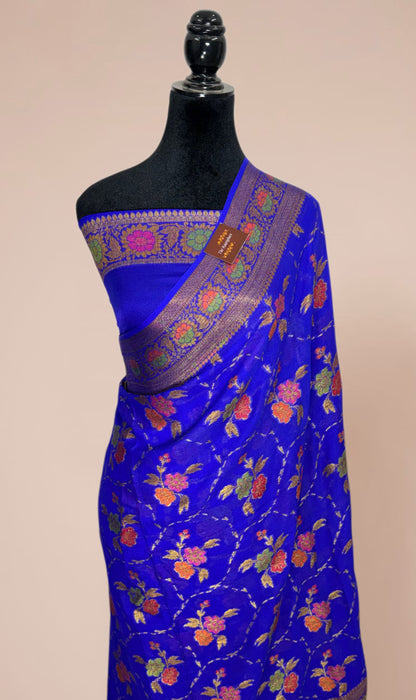 Royal Blue Pure Khaddi Chiffon Banarasi Saree