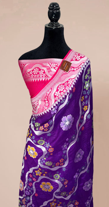 Purple and Pink Pure Tussar Georgette Banarasi Handloom Saree - Designer Meenakari