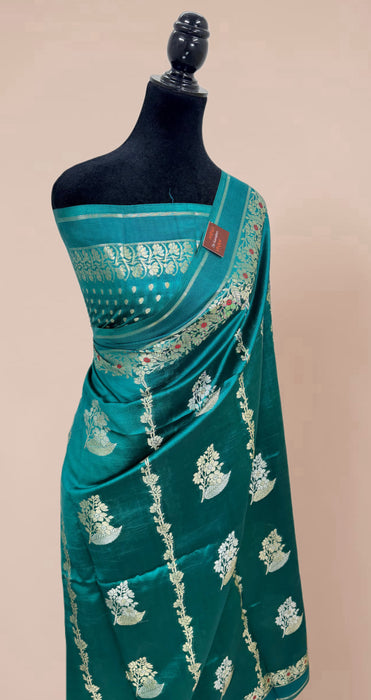 German Green Pure Mango Katan Banarasi Handloom Saree