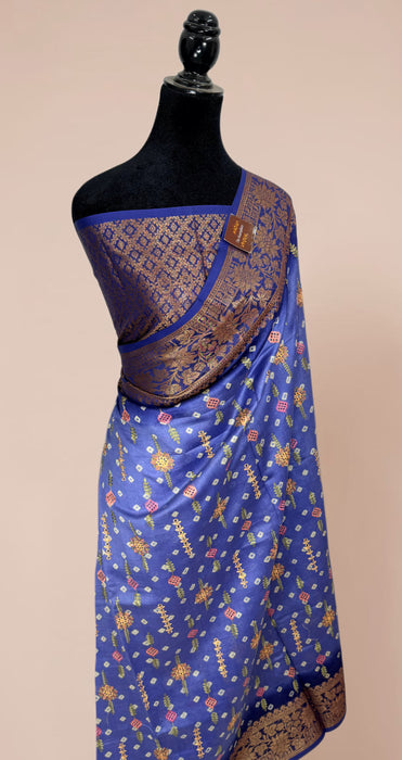 Steel Blue Pure Cotton Banarasi Handloom Saree - All over Embroidery