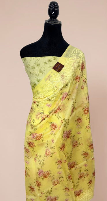 Light lemon Pure Organza Banarasi Handloom Saree - Chikankari with Digital Print