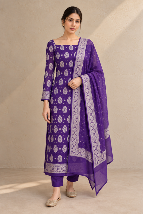 Purple Pure Khaddi Georgette Banarasi Suit