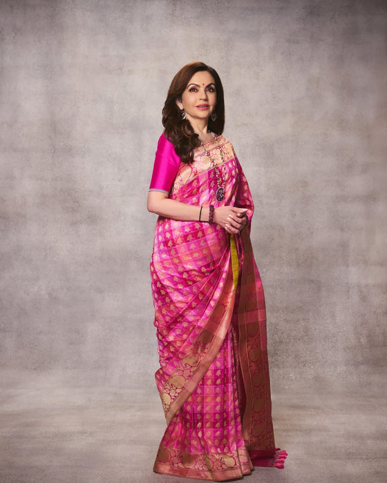 Nita Ambani Pink Katan Banarasi Handloom Saree - Kadiyal Sona Roopa Meenakari