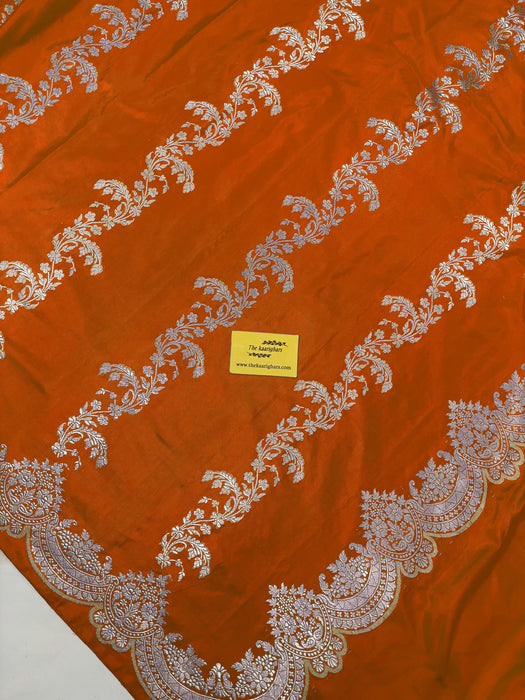 Spanish Orange Pure Katan Banarasi Handloom Saree - Kadiyal Jaal Work