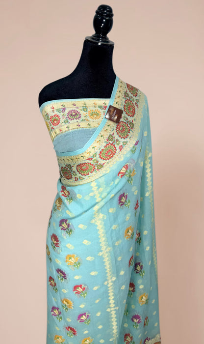 Light Blue Pure Khaddi Chiffon Banarasi Saree