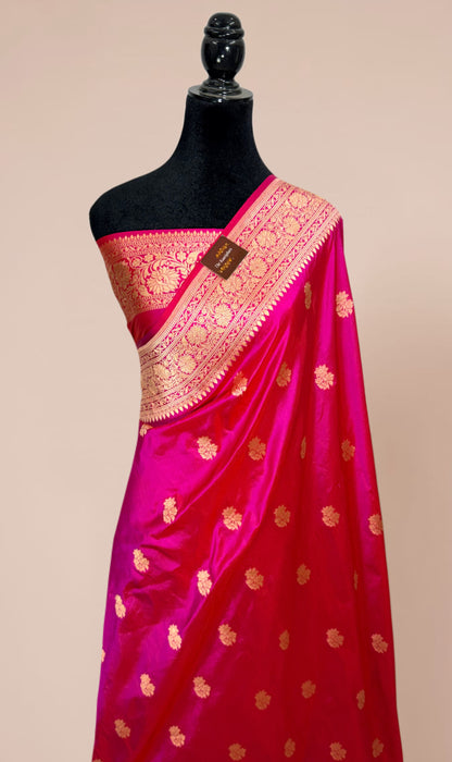 Hot Pink Pure Katan Silk Banarasi Handloom Saree - All over Motifs