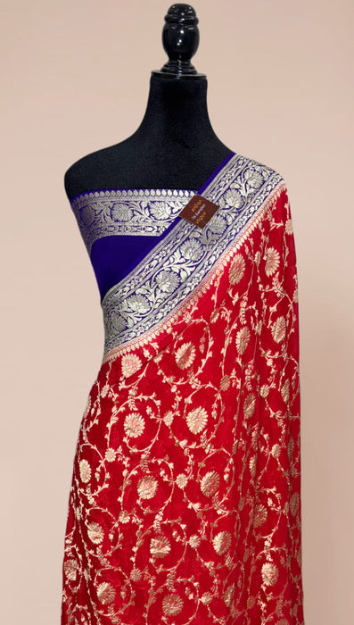 Red Khaddi Georgette Banarasi Handloom Saree - Water Zari Jaal
