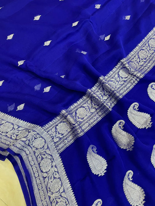 Royal Blue Pure Kadhwa Chiffon Georgette Banarasi Saree