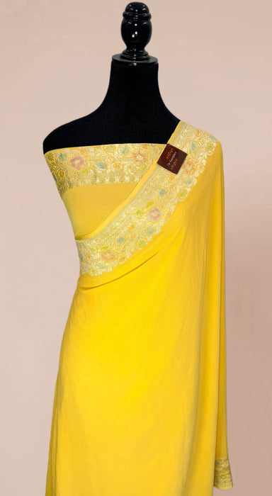 Yellow Khaddi Georgette Banarasi Handloom Saree - Hand Filled Meenakari