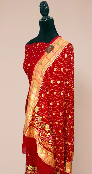 Red Pure Khaddi Georgette Banarasi Bandhani Suit - Meenakari