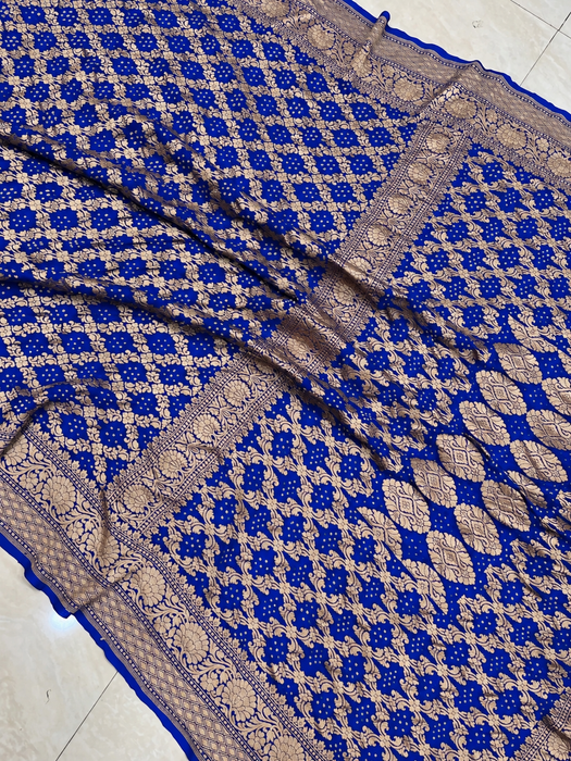 Royal Blue Pure Khaddi Georgette Bandhani Banarasi Saree
