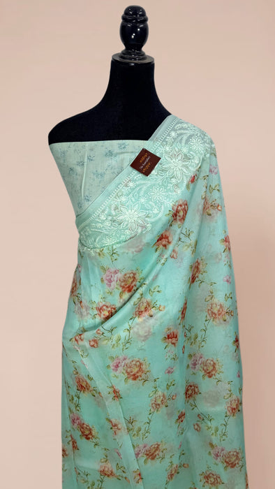 Cloudy Blue Pure Organza Banarasi Handloom Saree - Chikankari with Digital Print