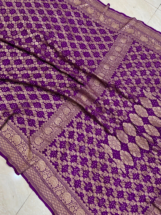 Purple Pure Khaddi Georgette Bandhani Banarasi Saree