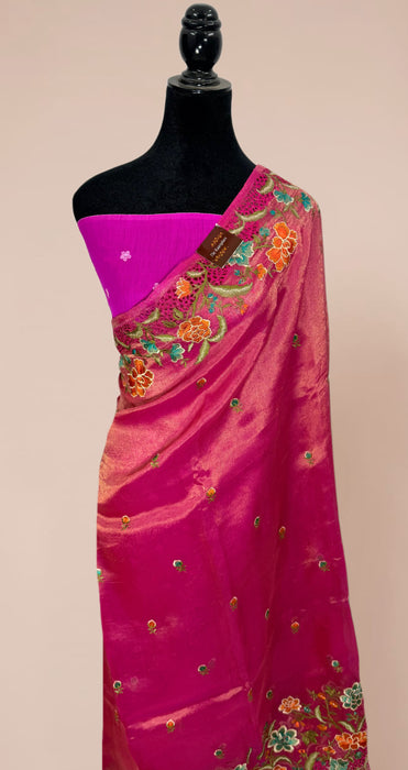 Rani Pure Tissue Banarasi Handloom Saree - Chikankari