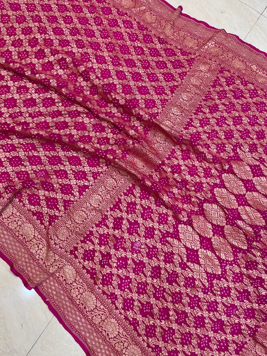 Hot Pink Pure Khaddi Georgette Bandhani Banarasi Saree