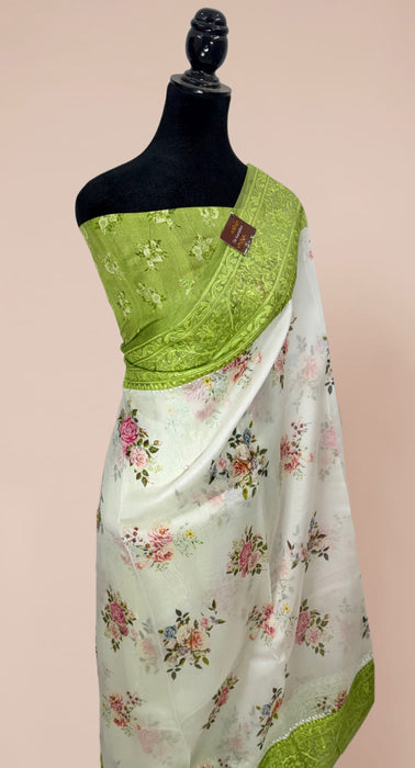 Offwhite and Green Pure Organza Banarasi Handloom Saree - Chikankari with Digital Print