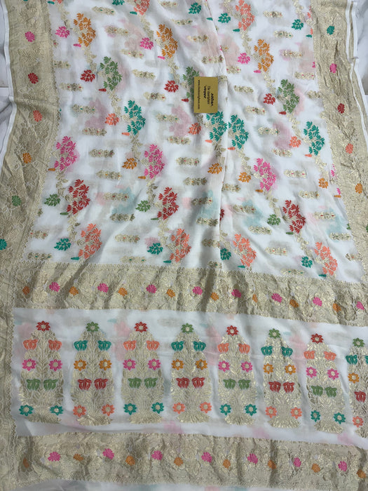White Khaddi Georgette Banarasi Saree - Meenakari