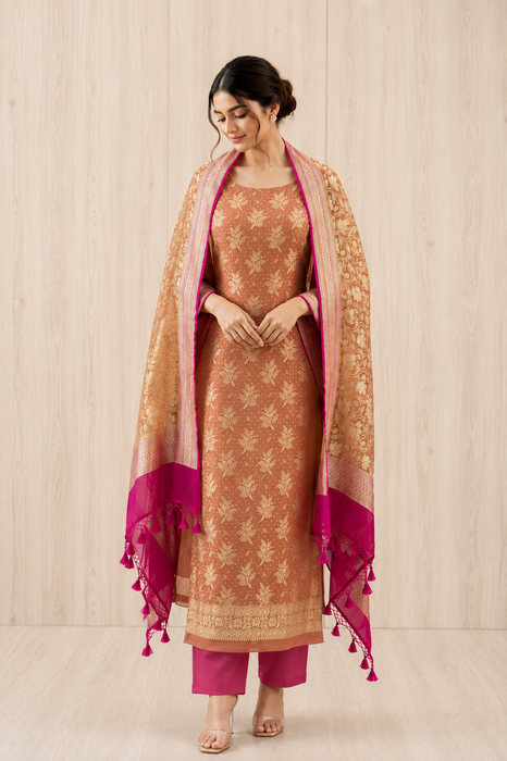 Floral Copper Pure Khaddi Georgette Banarasi Suit