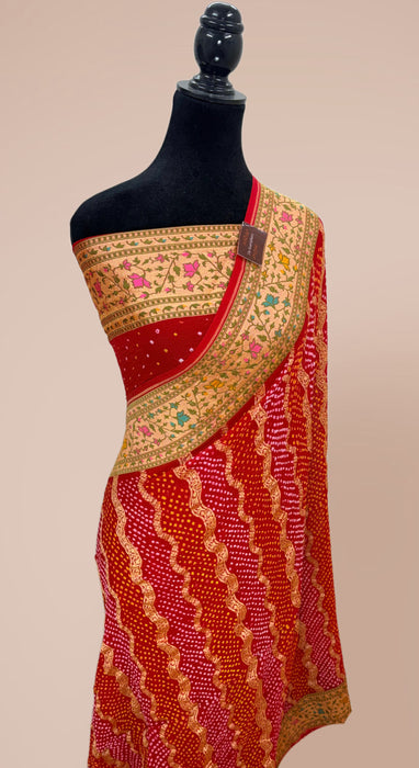 Handwoven Red Pure Georgette Bandhani Banarasi Saree - Meenakari Work