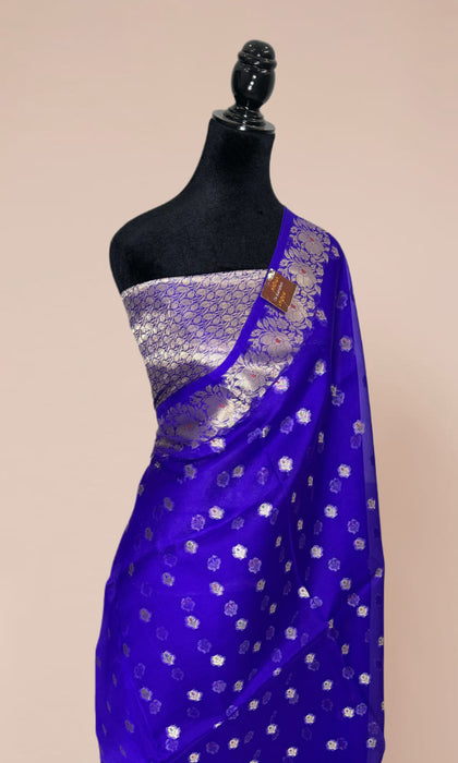 Blue Pure Kora Banarasi Handloom Saree - Meenakari Motifs