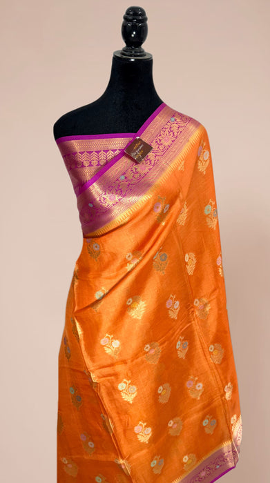 Orange Desi Tussar Banarasi Handloom Saree - Meenakari Motifs