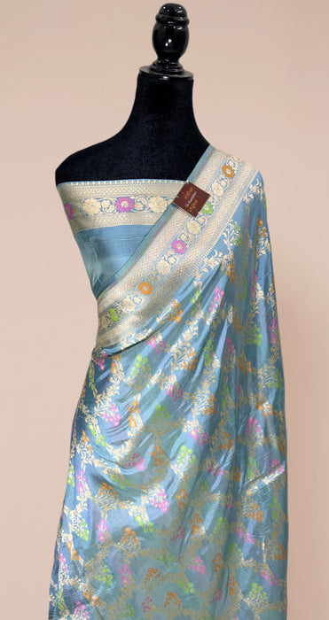 Powder Blue Pure Katan Banarasi Handloom Saree - Meenakari Work