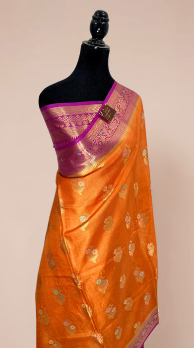 Orange Desi Tussar Banarasi Handloom Saree - Meenakari Motifs