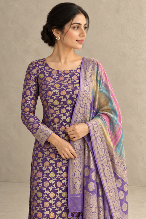 Lavender Pure Khaddi Georgette Banarasi Suit - Rangkat