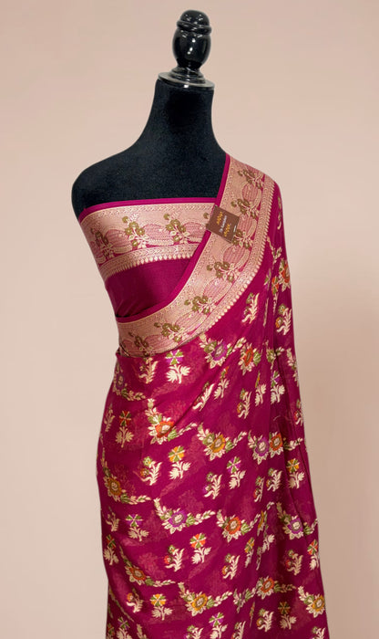 Magenta Pure Khaddi Chiffon Banarasi Saree