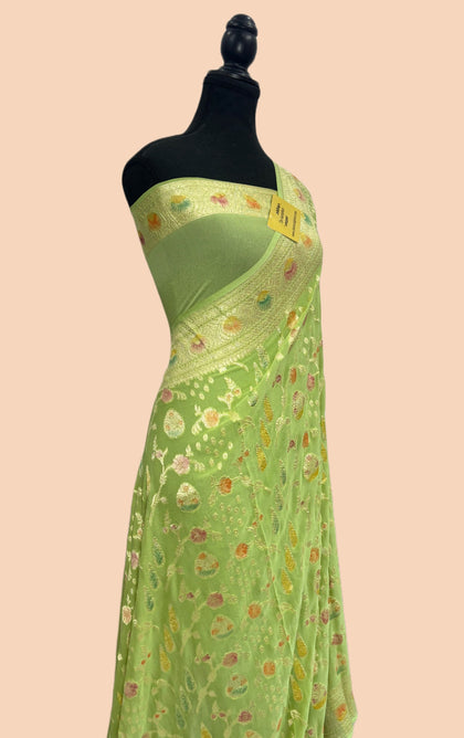 Pista Khaddi Georgette Banarasi Handloom Saree - Hand Meenakari