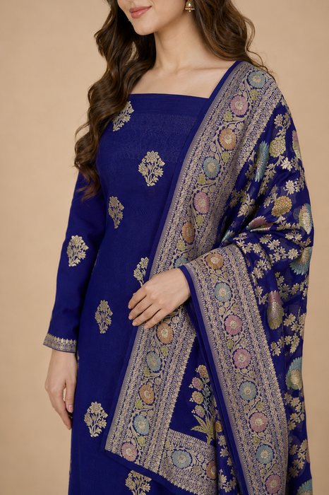 Navy Pure Khaddi Georgette Banarasi Suit - Hand filled Meenakari