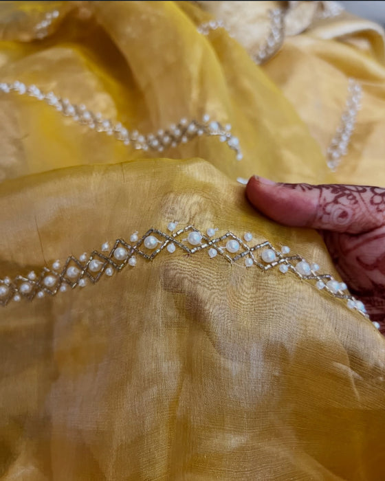 Yellow Pure Banarasi Tissue Handloom Saree - Handwork