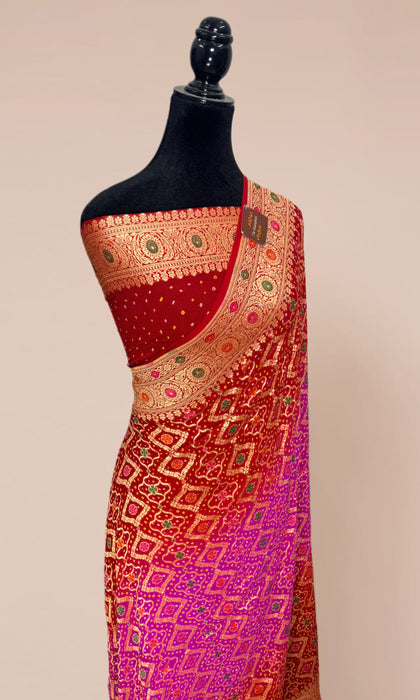 Handwoven Red Pure Georgette Bandhani Banarasi Saree - Meenakari Work