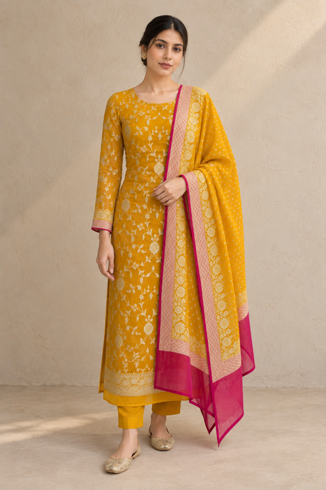 Mustard Pure Khaddi Georgette Banarasi Suit