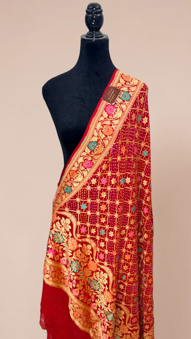 Red Pure Georgette Bandhani Banarasi Handloom Dupatta