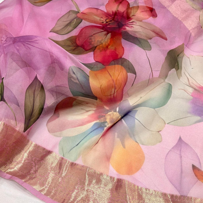 Pink Pure Banarasi Organza Handloom Saree - Floral Print