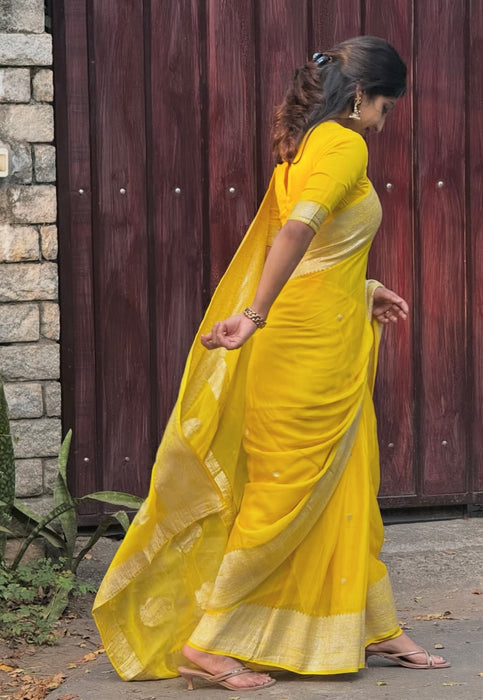 Yellow Pure Kadhwa Chiffon Banarasi Saree