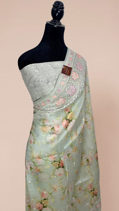 Powder Gray Pure Organza Banarasi Handloom Saree - Chikankari with Digital Print