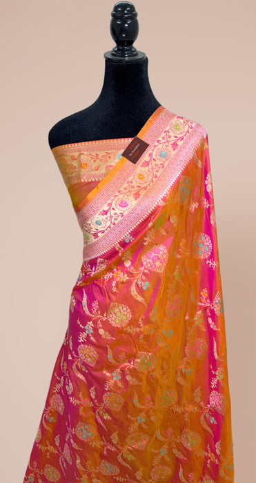 Dual shade Pure Katan Banarasi Handloom Saree - Meenakari Jaal Work