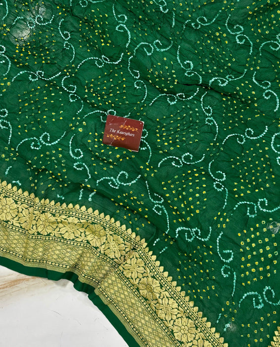 Handwoven Green Pure Georgette Bandhani Banarasi Saree - All over Bandhani Work