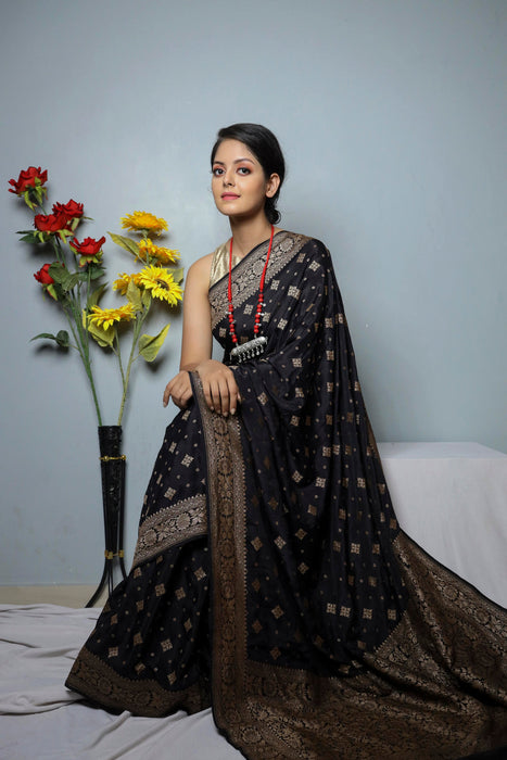 Black Pure Khaddi Crepe Banarasi Handloom Saree