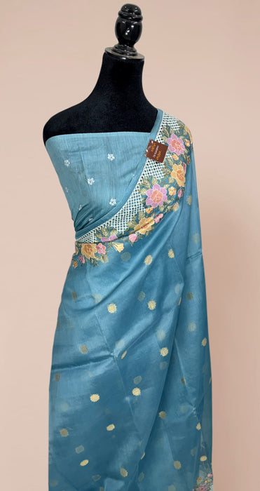 Steel Blue Pure Organza Banarasi Handloom Saree - Chikankari