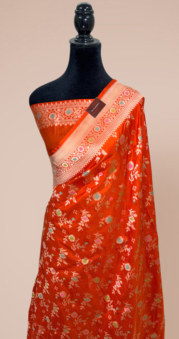 Orange Pure Katan Banarasi Handloom Saree - Meenakari Jaal Work