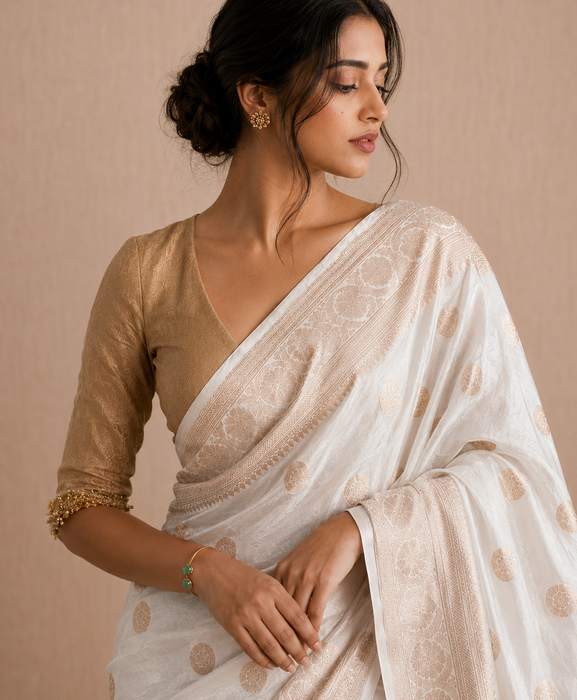 Off White Pure Katan Silk Banarasi Handloom Saree