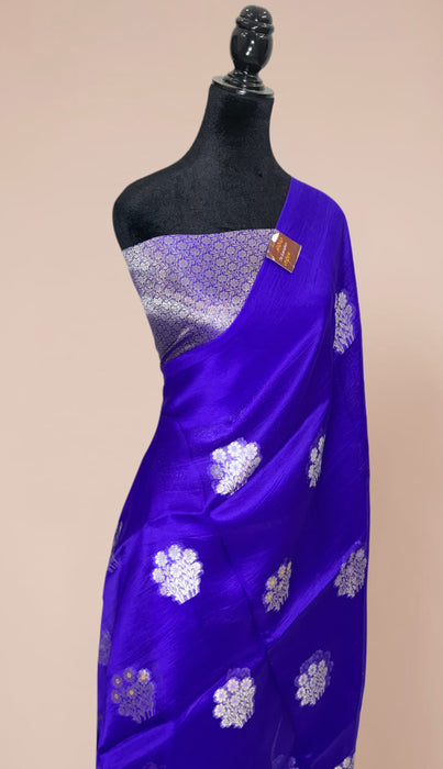 Royal Blue Pure Kora Banarasi Handloom Saree - Meenakari Motifs